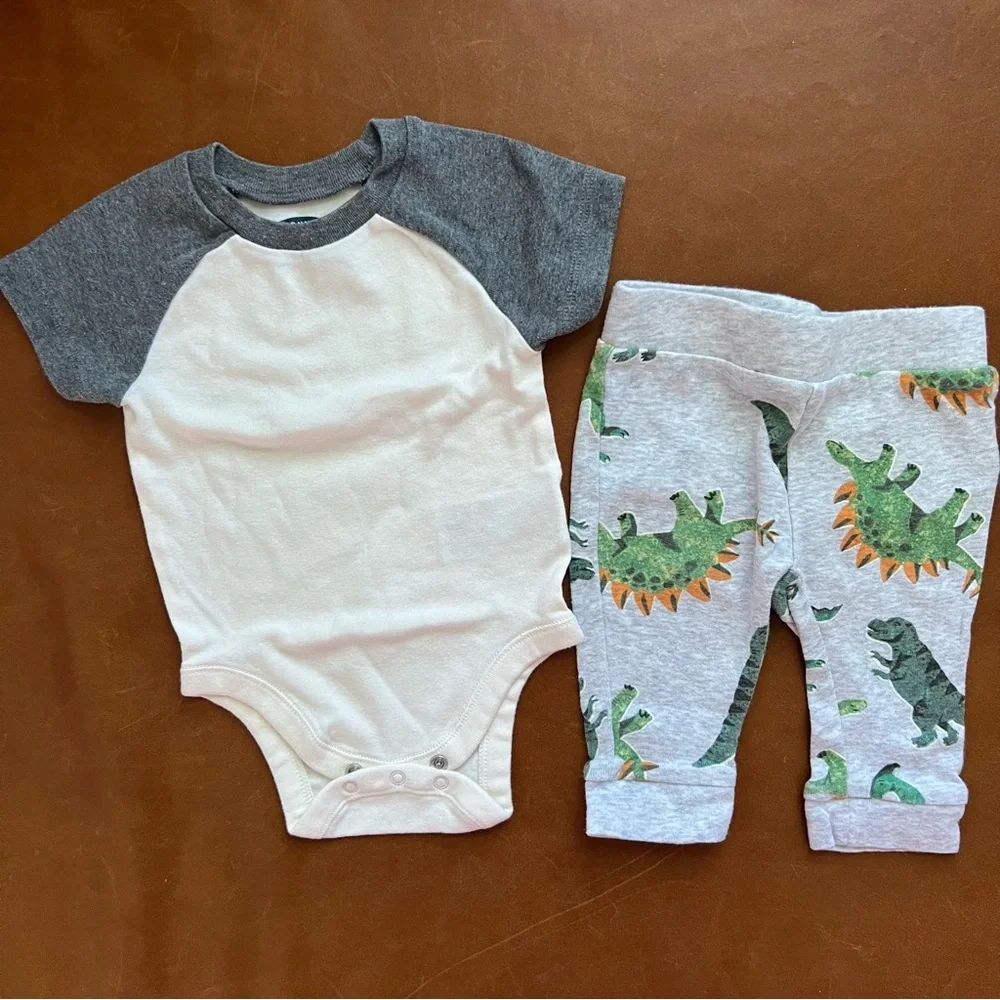 OLD NAVY Dino Pants and Baseball Sleeve Oneise, 3-6mo